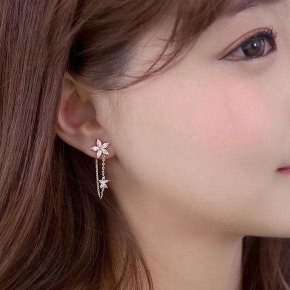 14k Gold Korean Flower Diamonds Chain Earrings Sterling Silver